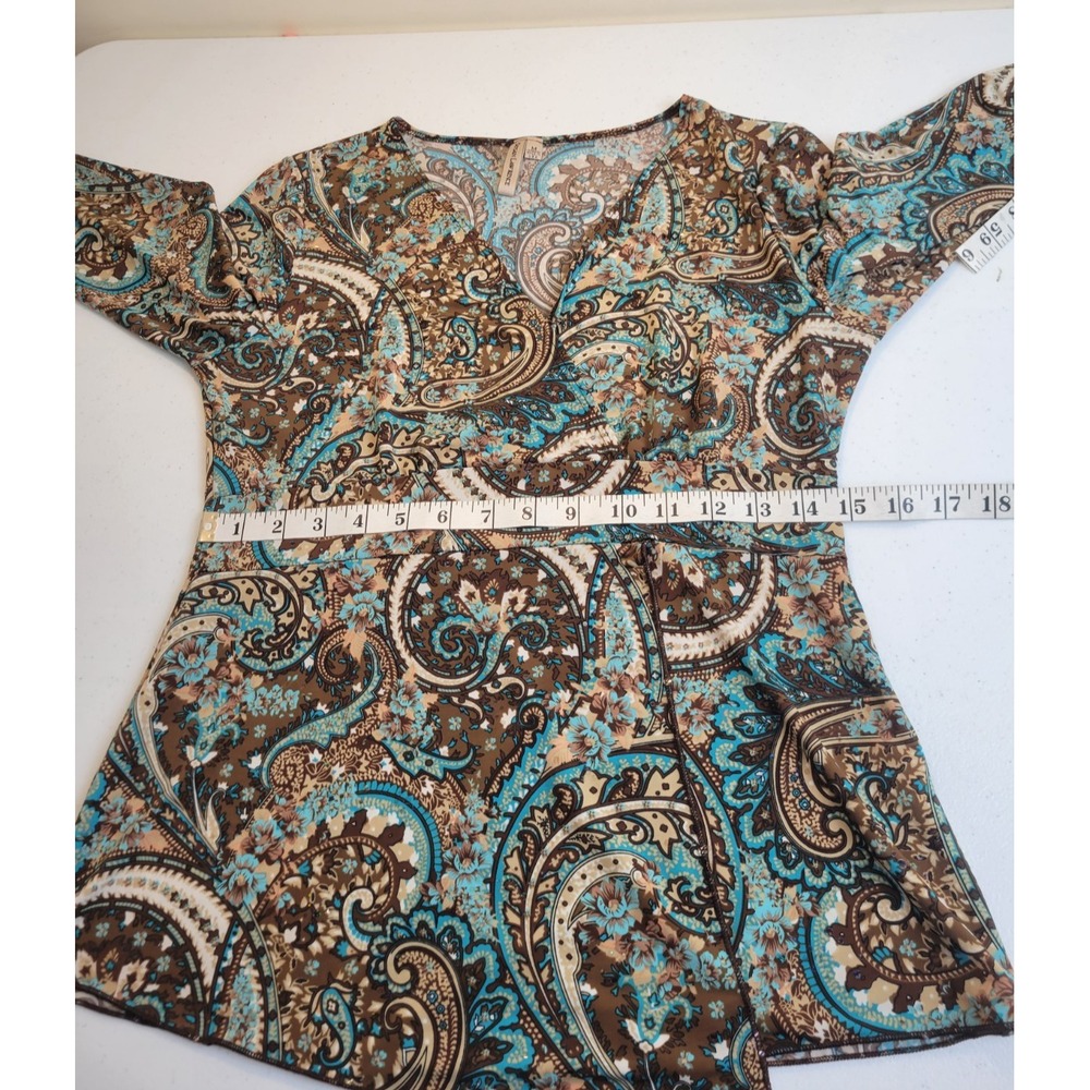 Susan Lawrence Peplum Top Paisley Sequin Faux Wrap Bohemian Career Blue Brown M - Picture 5 of 10
